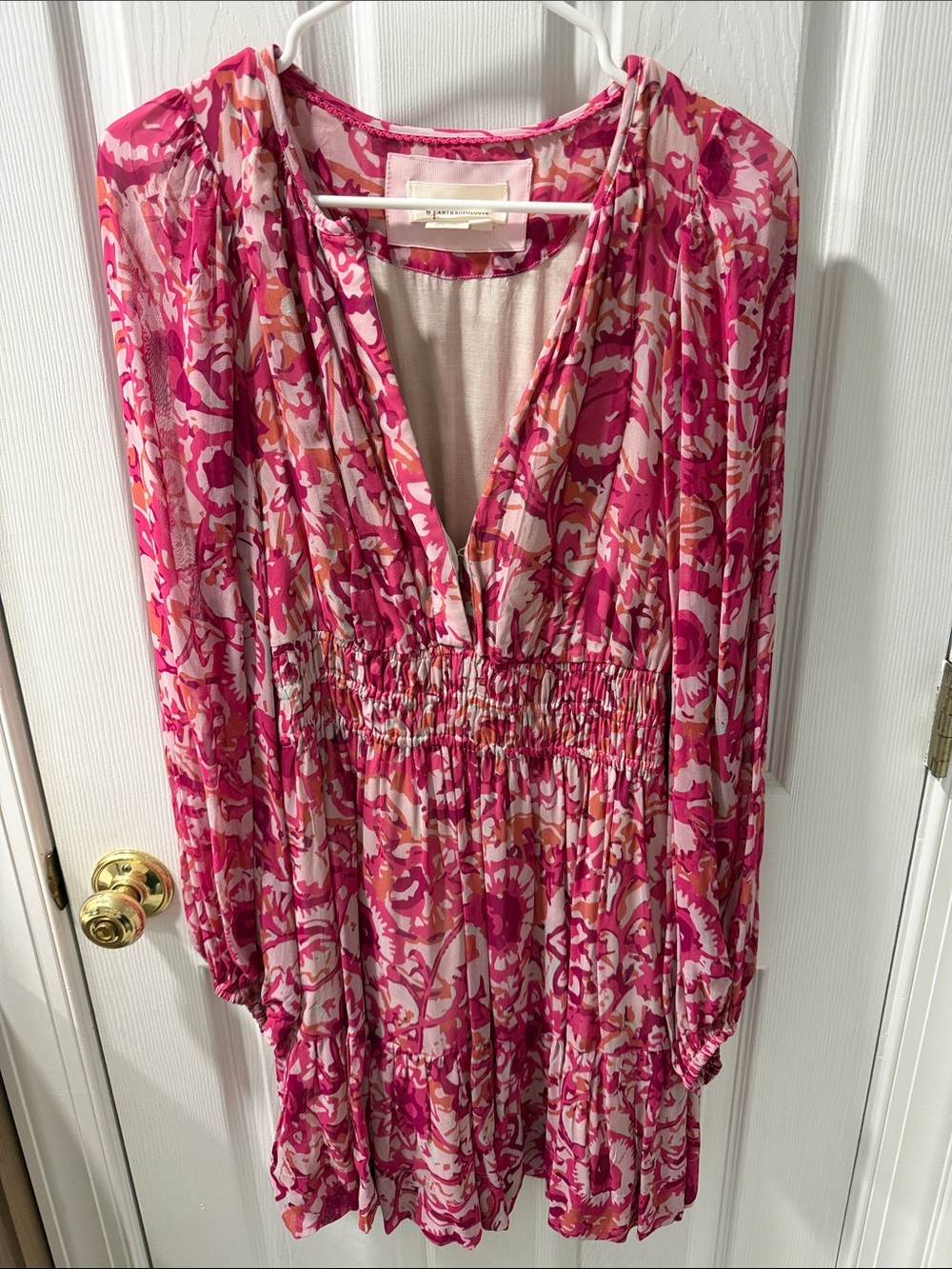 Anthropologie Pink Floral V-Neck Smocked Waist Tunic